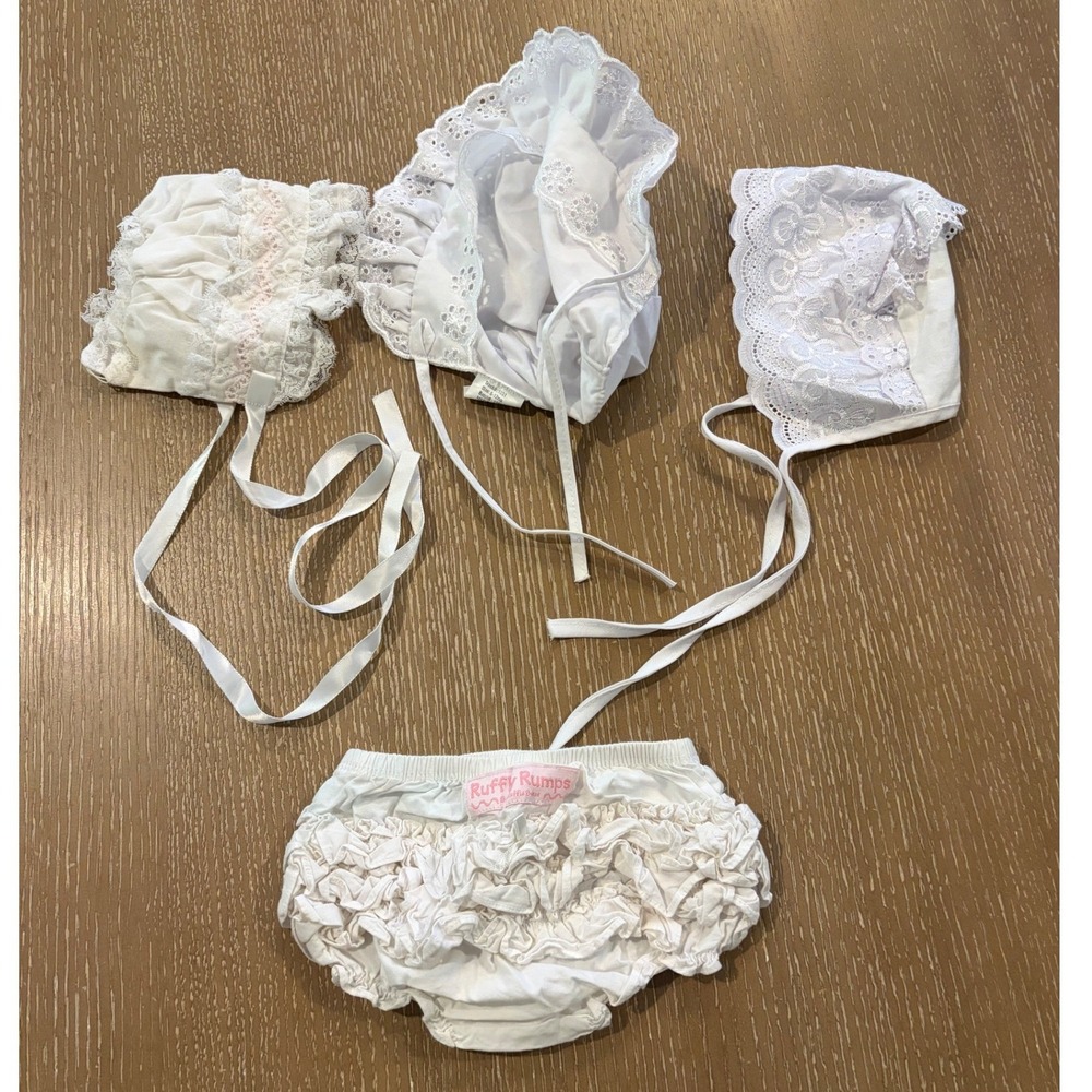 Baby Girls Bonnet Diaper Cover Lot 4 Pc White Lace Eyelet Ruffles 0-12M